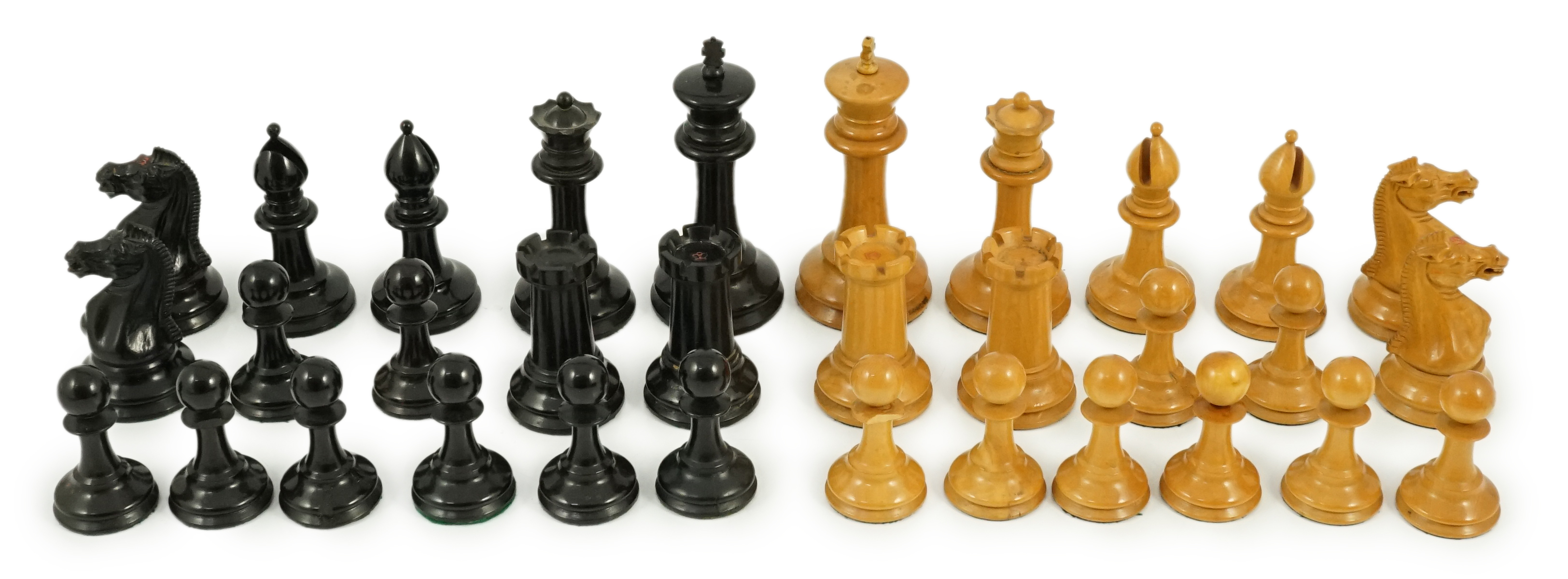 An early Jaques Staunton pattern lead weighted boxwood and ebony chess set, c.1850, Kings 10cm (4in.)